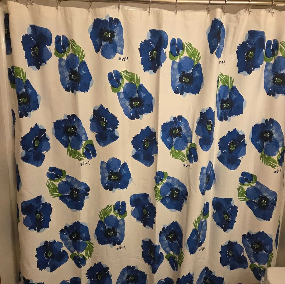 Vtg Vera Neuman Shower Curtain Bold Bkue Flowers Retro Hooks 68 ×70 Fabric